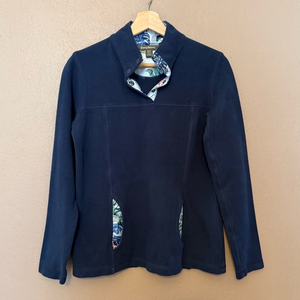 Tommy Bahama Navy Blue Quarter Snap Pullover Sweatshirt with Floral Trim Size S